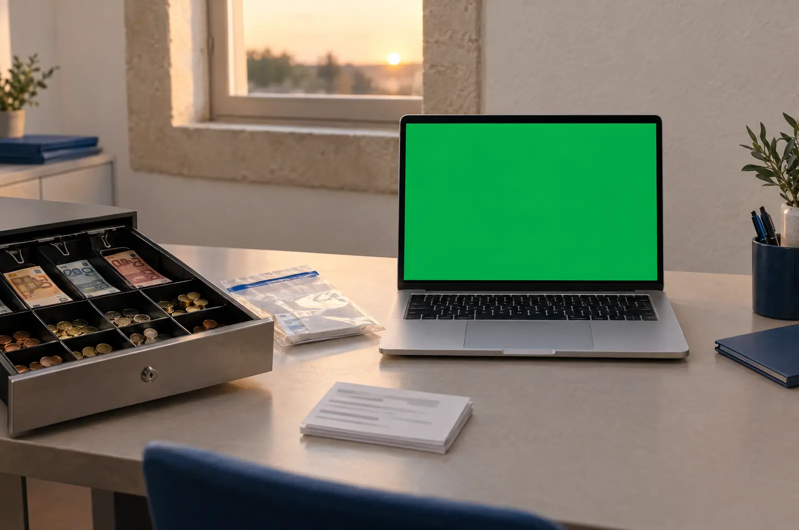 A cash drawer at close of day beside a laptop showing the end-of-day sheet