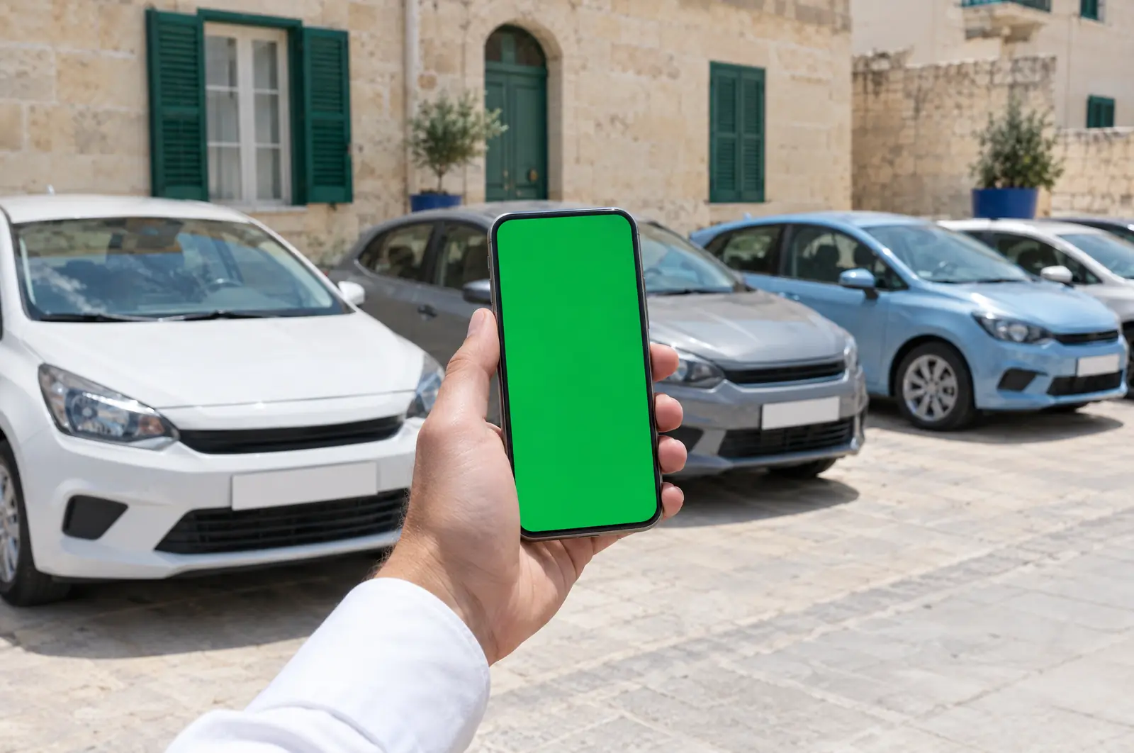 A phone on the forecourt showing calls, a promise to pay and a WhatsApp reminder