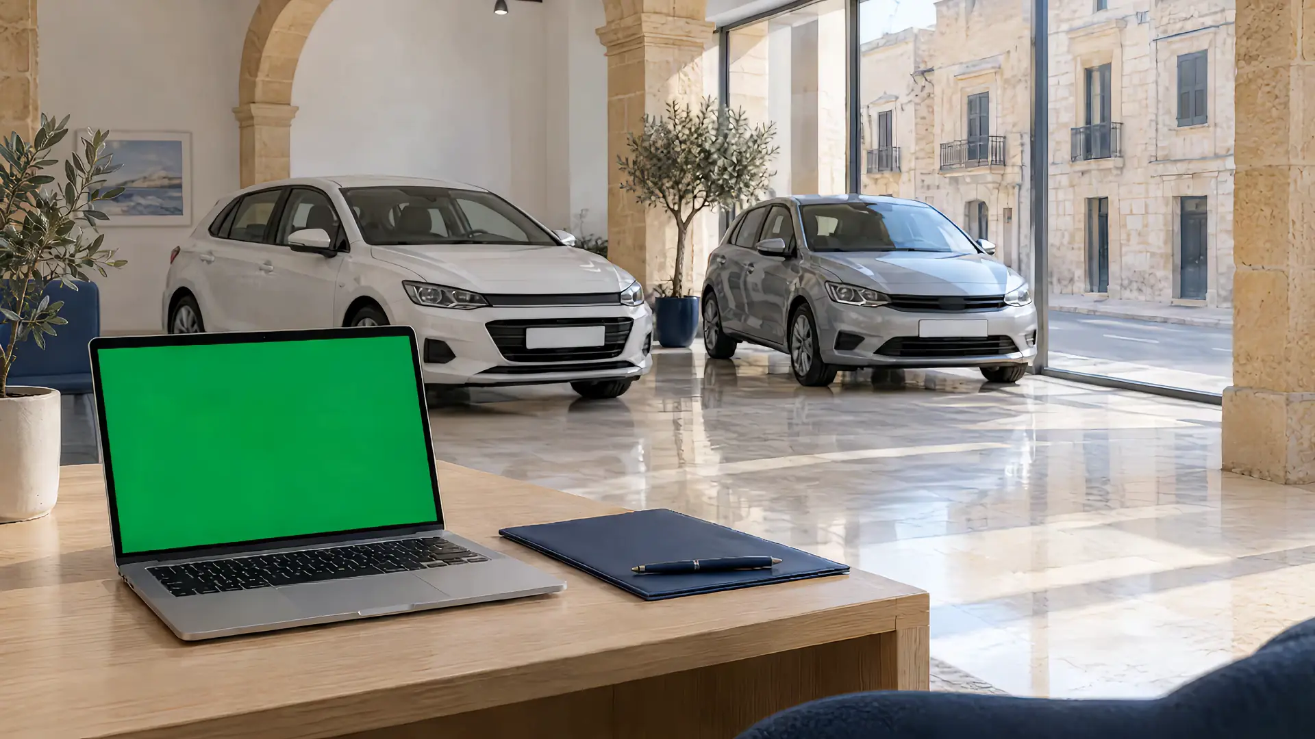 A showroom sales desk with a laptop showing the DealerPro dashboard