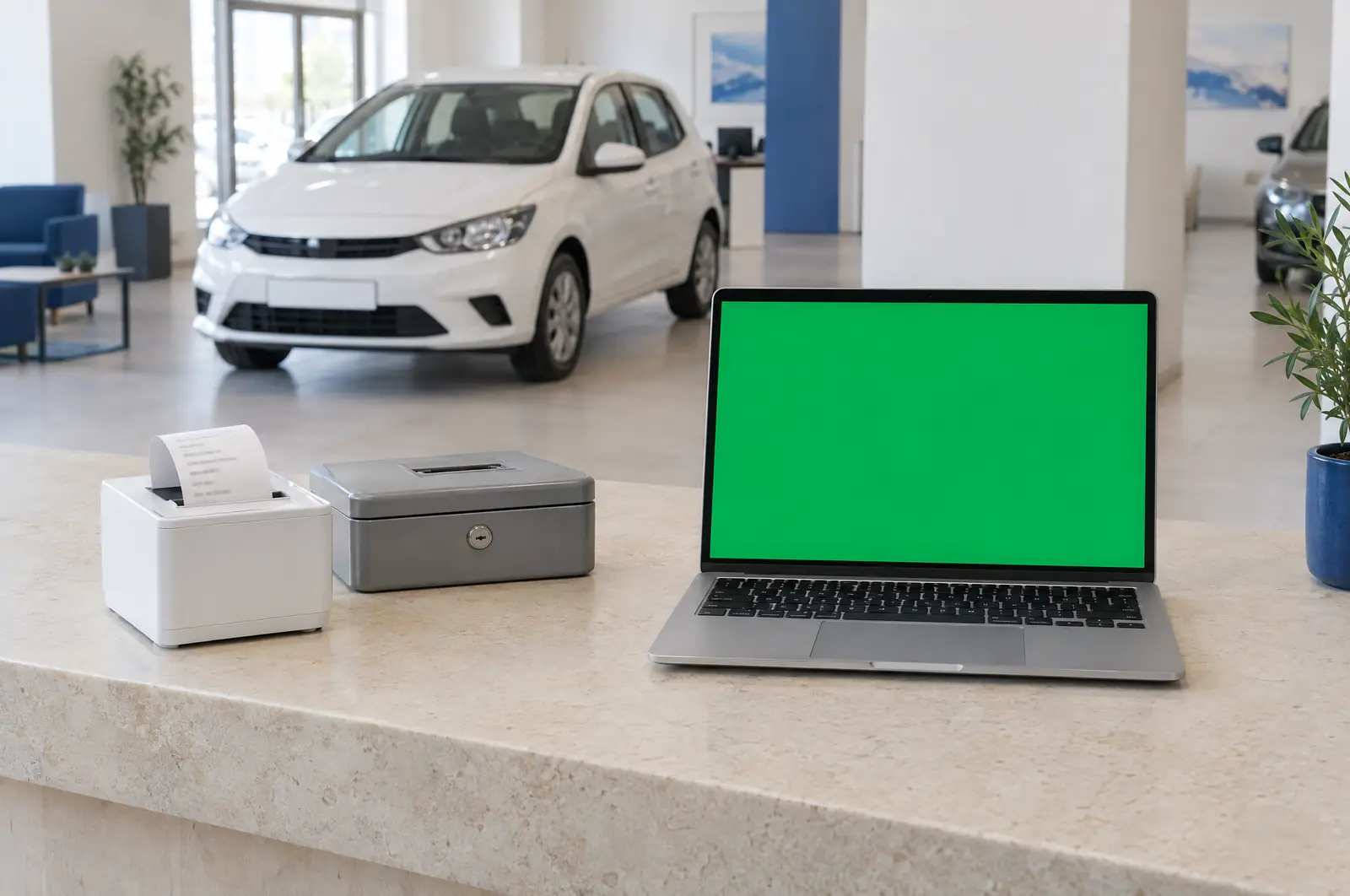 A showroom counter with a receipt printer and a laptop showing an instalment account