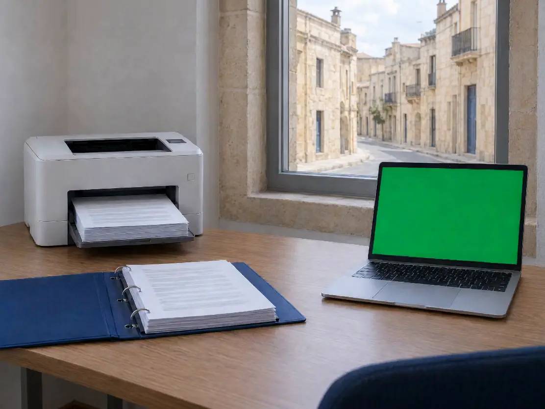 An office printer delivering a signed pack beside a laptop showing the pack